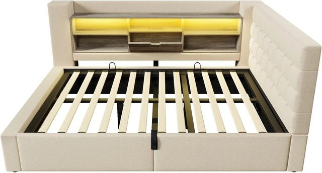 Merax Polsterbett mit LED-Beleuchtung und USB-Ladeport, Beige, B/T/H: 140 x 200 x 158 cm - Bild 1