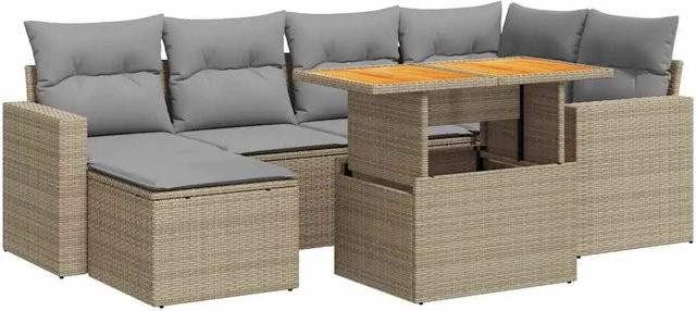 vidaXL 7-teilige Garten-Sofagarnitur in L-Form aus Poly-Rattan und Akazienholz mit Kissen in Beige-Grau - Bild 1