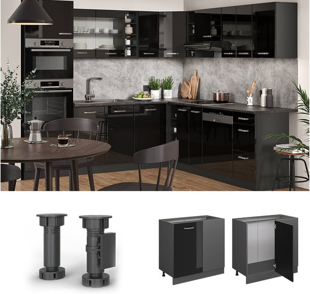 Vicco Eckunterschrank R-Line Küchenschrank in Anthrazit und Schwarz Hochglanz - Bild 1