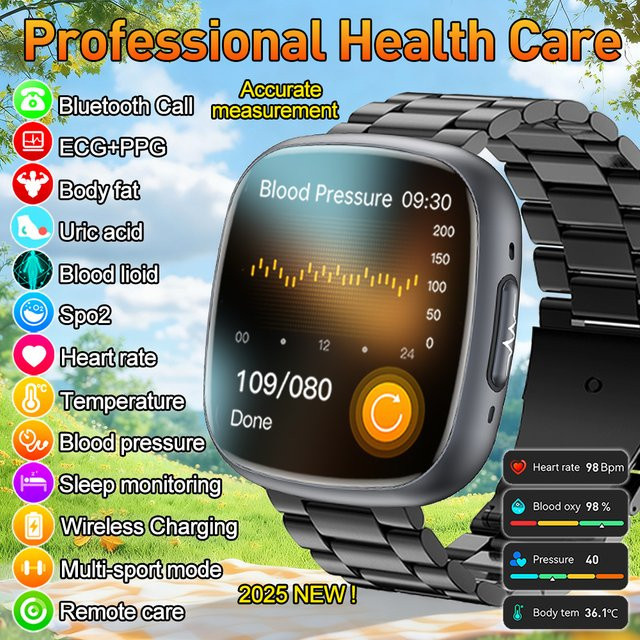 OUIO NFC Gesundheitsmonitor Smartwatch in Schwarz mit EKG, PPG, Blutsauerstoff-, Blutdruck- und Harnsäure-Messung sowie Körperanalyse für Damen und Herren - Bild 1