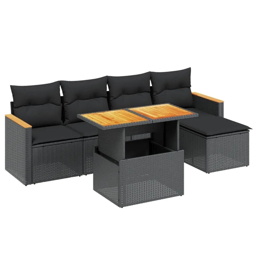 vidaXL 6-teilige Garten-Sofagarnitur aus Poly-Rattan und Akazienholz in Schwarz mit UV-beständigen Kissen - Bild 2