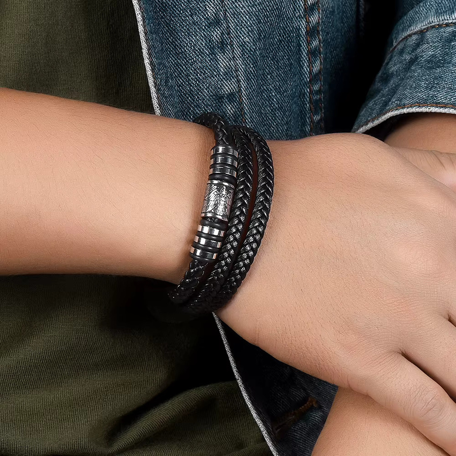 TOGA PULLA Armband, Edelstahl, schwarz geflochtenes Leder, Unisex - Bild 4