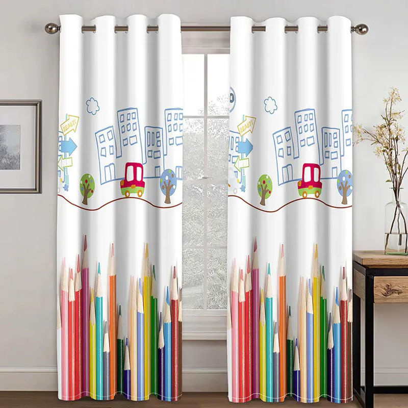 Super Six Vorhänge mit Cartoon-Motiv Auto und Bleistift, 2er-Set, halbtransparent, Polyester, Mehrfarbig, B: 100 cm, H: 160 cm - Bild 2