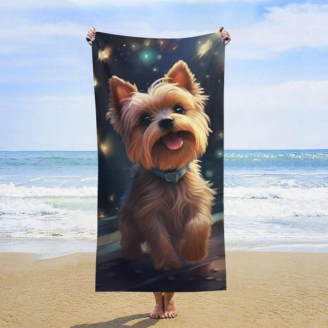Strandtuch mit Yorkshire Terrier Motiv und Sternennacht-Design von JMG Household Supplies, weiche Mikrofaser, B/H: 180 x 90 cm, blau/mehrfarbig - Bild 1