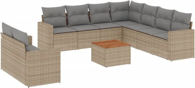 vidaXL 10-teilige Garten-Sofagarnitur in L-Form aus Poly-Rattan und Akazienholz mit Kissen in Beige - Bild 1