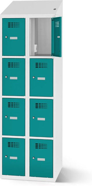 rotstahl Fächerschrank mit 8 Fächern und Ladefunktion, Farbe Türkis, Korpus Lichtgrau, B: 60 cm, H: 200 cm - Bild 1