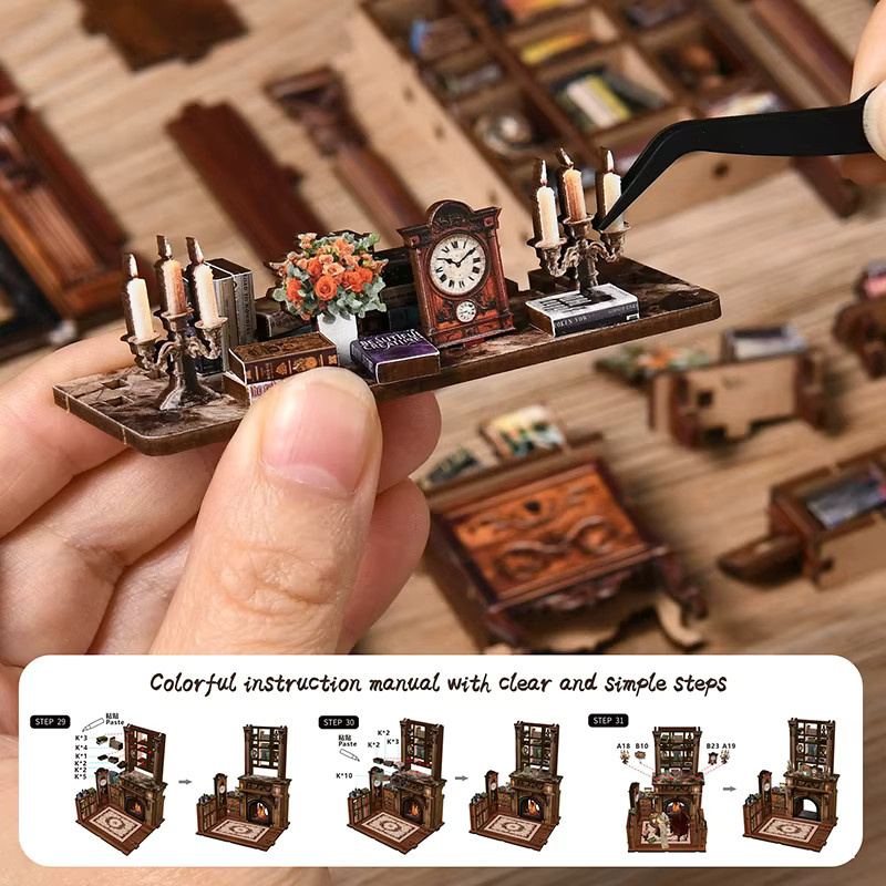 zuuton DIY Buch Nook Kit 3D Holz Puzzle Miniatur Puppenhaus in Natur und Braun - Bild 3