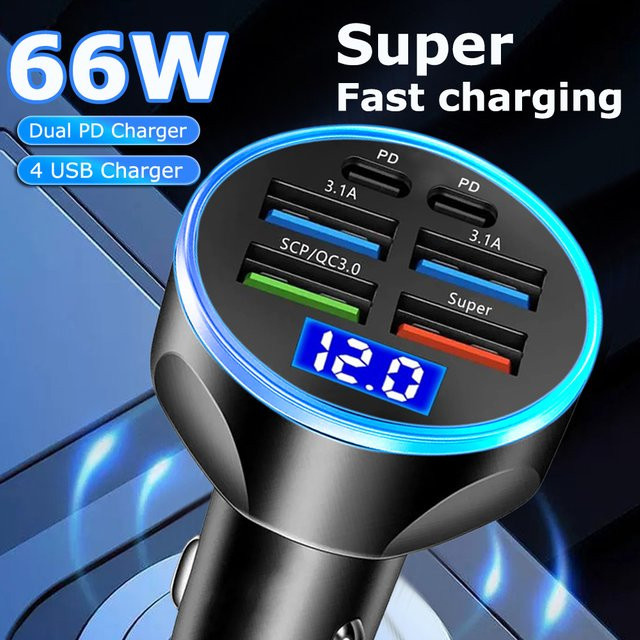 Kebidumei Autoladegerät mit 6 Ports und 66W Schnellladung, Dual PD und USB QC3.0, Zigarettenanzünder-Adapter mit Voltmeter-Anzeige, Schwarz - Bild 1