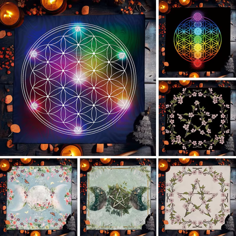 VIKAMA Tarot Altartuch Regenbogen Blume des Lebens mit geometrischem Farbverlauf als Ritual-Tischdecke und Meditationsmatte in Multicolour - Bild 3