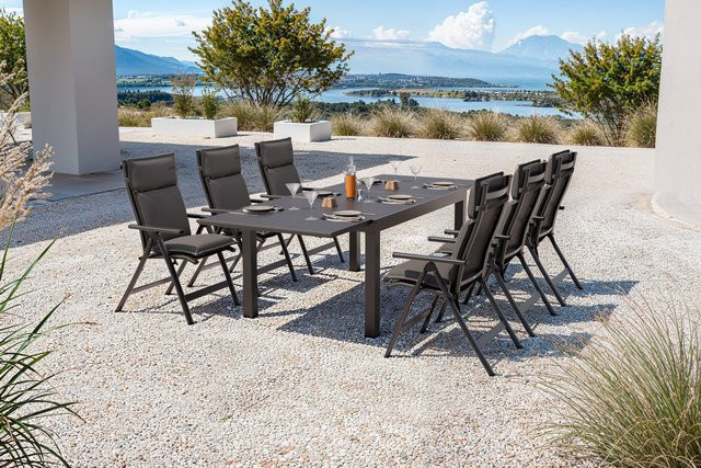 OUTFLEXX Premium Garten-Essgruppe aus Aluminium, Spraystone und Textilene in Anthrazit Matt/Schwarz mit 6 Klappstühlen und Auflagen, Tisch erweiterbar, B/T: 160 bis 260 x 100 cm - Bild 1