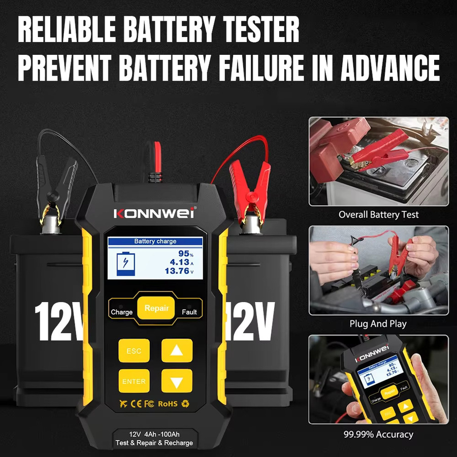 KONNWEI KW510 3-in-1 Autobatterietester und Ladegerät mit Puls-Reparaturfunktion für AGM, Gel und Blei-Säure Batterien, Schwarz - Bild 5