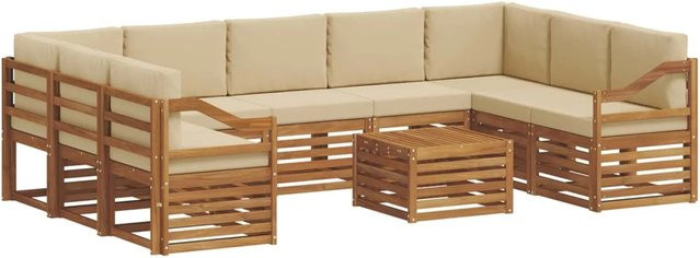 vidaXL Sofagarnitur aus Massivholz Akazie in U-Form, 10-teiliges Set in Natur und Beige mit wetterfesten Polstern - Bild 1
