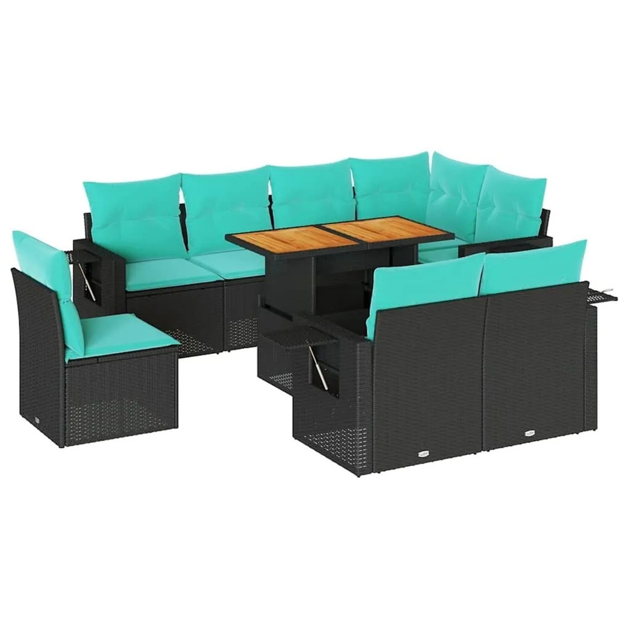 vidaXL 9-teilige Garten-Sofagarnitur in L-Form aus Poly-Rattan und pulverbeschichtetem Stahl mit Kissen in Schwarz und Blau - Bild 2