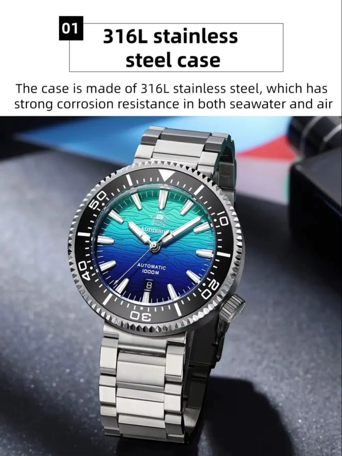 ADDIESDIVE Herrenuhr, Automatik, Edelstahl, Blau, Saphirglas, 100 ATM - Bild 5