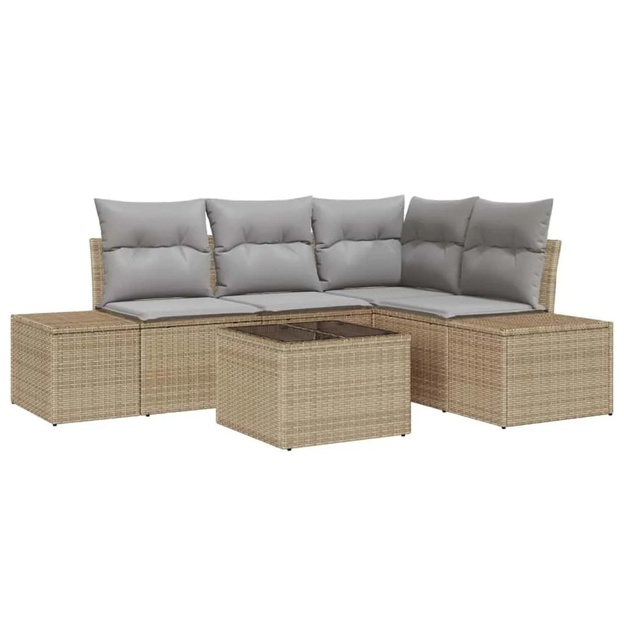 vidaXL Gartensofa-Set L-Form aus Poly-Rattan und Akazienholz in Beige und Grau mit Polstern und Tisch - Bild 2