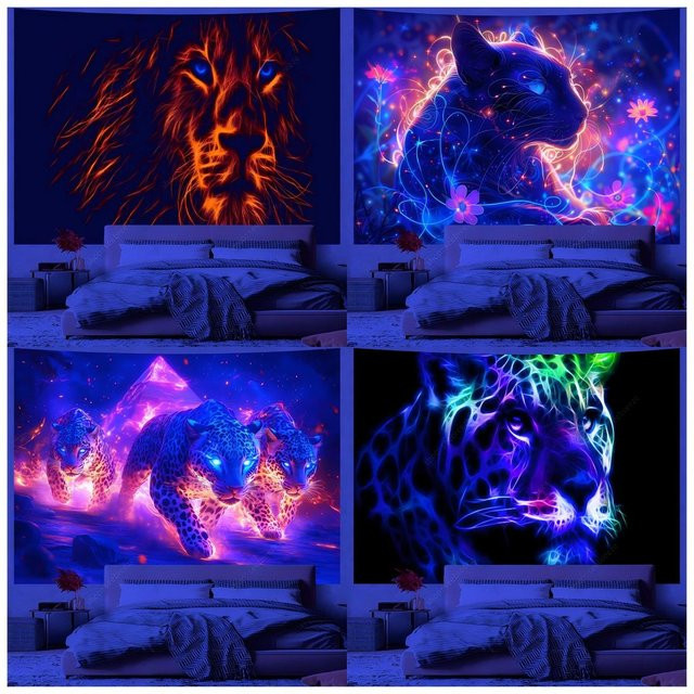 VIKAMA Cyber Neon Wandteppich mit Tier-Motiven in Multicolour, B/H: 90 x 60 cm - Bild 1
