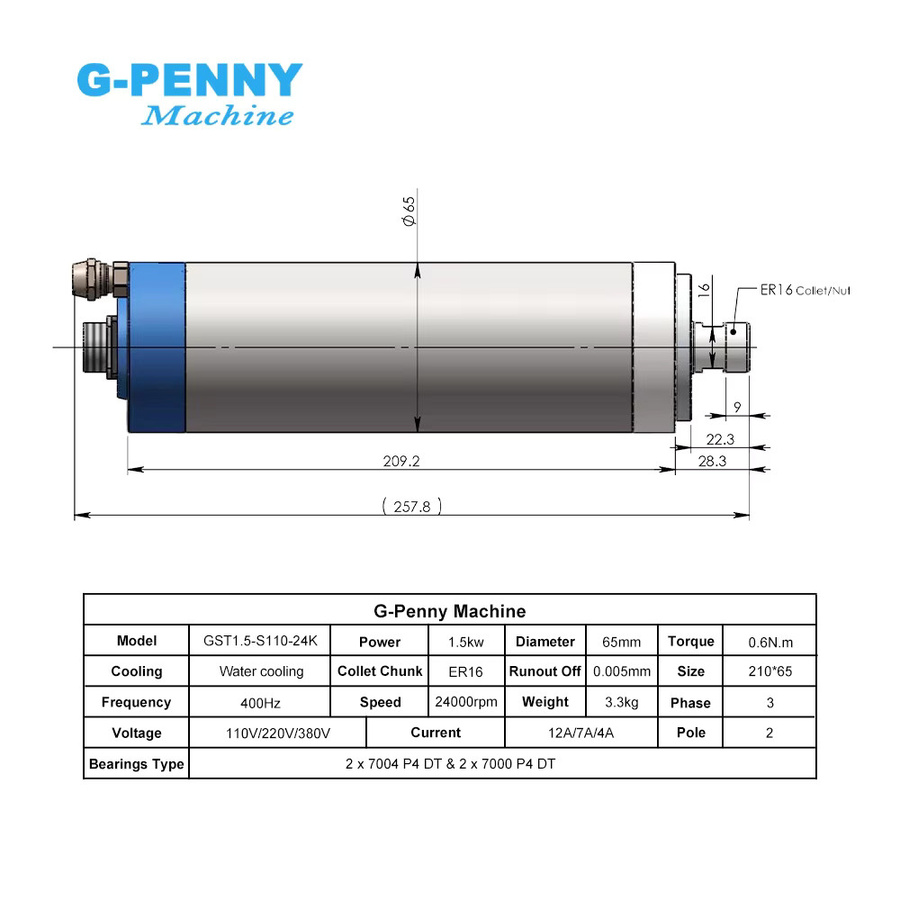 G-Penny CNC Spindel-Kit mit 1,5KW Wasserkühlung, ER16 Spannzangenfutter, 4-teiligem Lagerset, VFD und Pumpe für Holz- und Aluminiumfräsen - Bild 2
