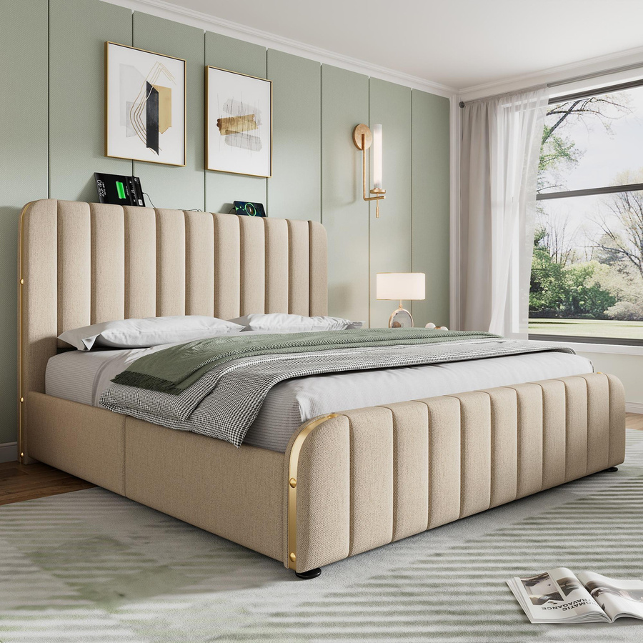 Polster-Doppelbett AB Store in Beige mit Goldakzenten, modern mit USB-Ladeport und Schubladen, B/T/H: 203 x 148 x 102 cm - Bild 2