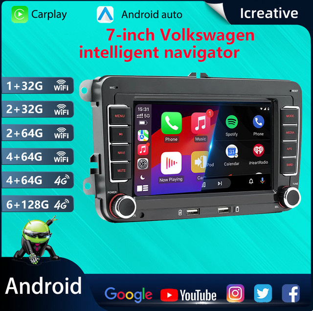 Icreative 7-Zoll Android Multimedia Auto Stereo mit GPS Navigation und Apple Carplay in Schwarz für Volkswagen Golf Polo Jetta Passat B6 B7 CC und Skoda - Bild 1