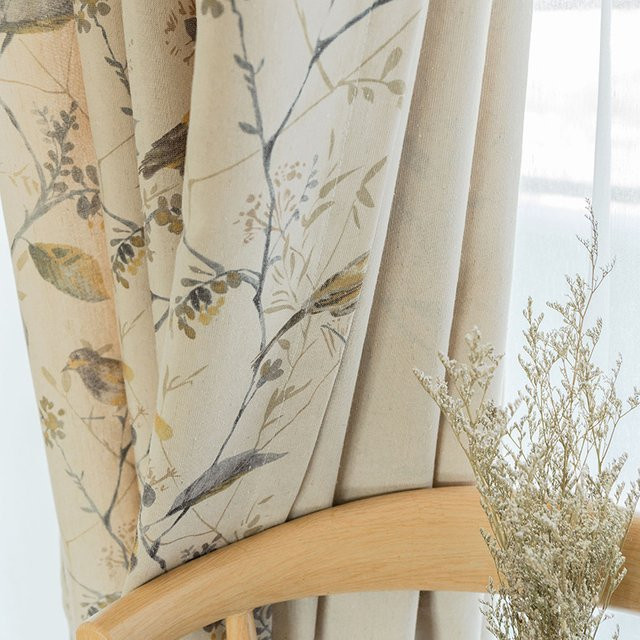 Yaapeet Vorhänge aus Baumwolle und Leinen in Beige mit Zweig-Print im Vintage-Stil, Breite: 120 cm, Höhe: 100 cm - Bild 1