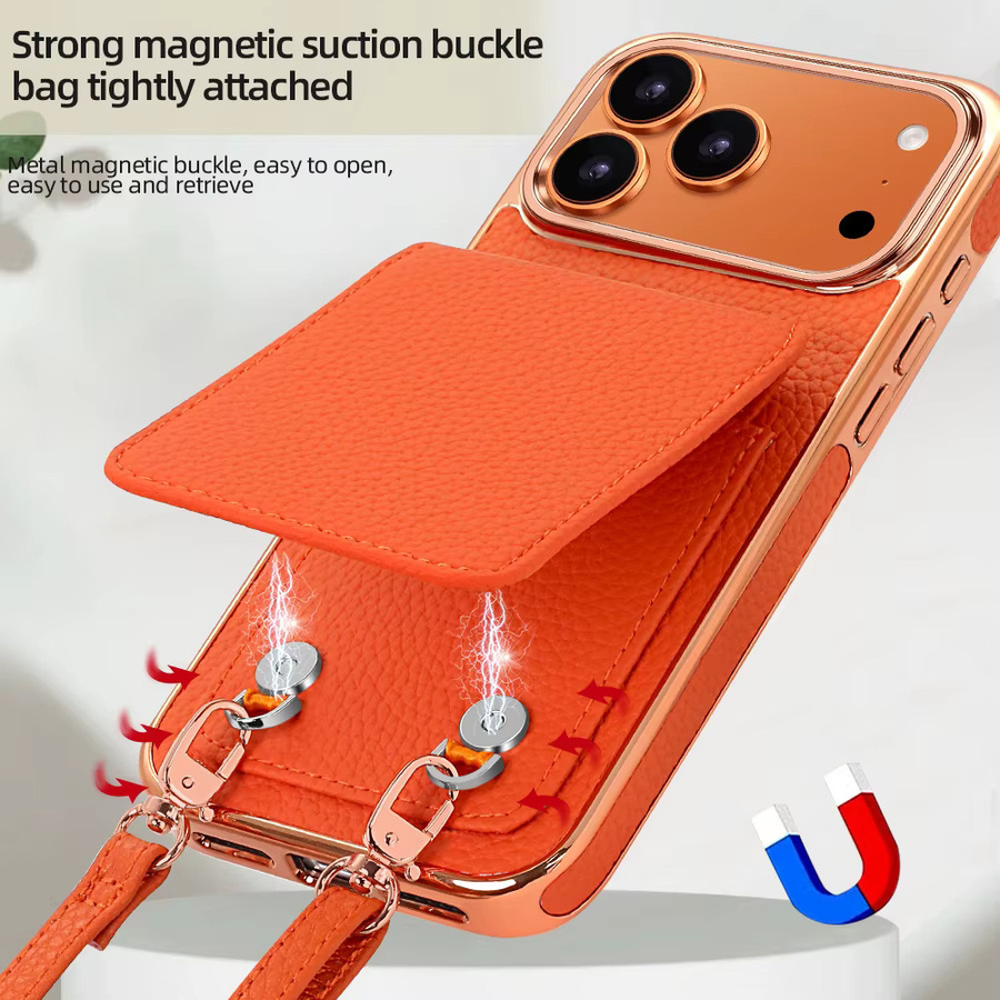 VIETAO Kunstleder-Handyhülle für iPhone 13 bis iPhone 17 Pro Max mit Umhängeband, Kartenhalter und Ständer in Orange - Bild 3