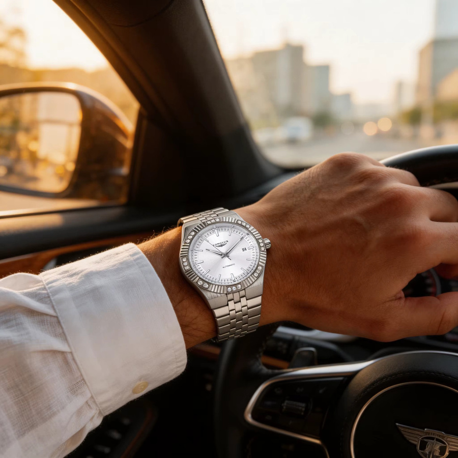 LONGLUX Automatikuhr, Edelstahl, Diamant, Herren, Weiß, Datum - Bild 4