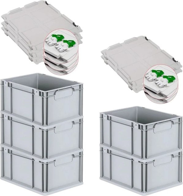 PROREGAL Spar Set 5x Eurobox Nextgen Economy mit Scharnierdeckel und grünen Schiebeschnappverschlüssen, Farbe: Grau/Grün, H x B x T: 22 x 30 x 40 cm - Bild 1