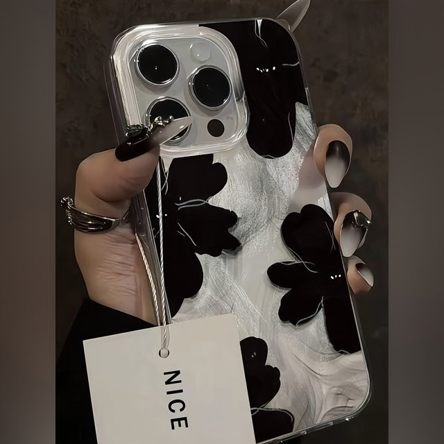 Personalisierte iPhone Handyhülle aus TPU mit silbernem Blumenmuster in Schwarz, passend für verschiedene Apple iPhone Modelle - Bild 1