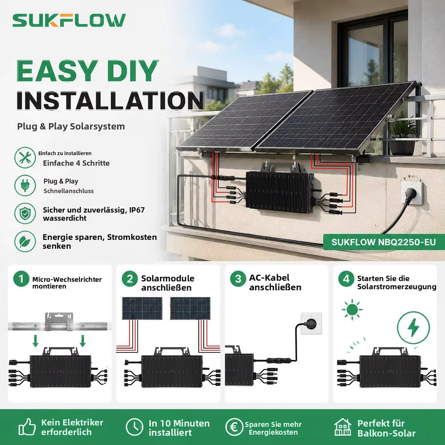 Sukflow Mikro-Wechselrichter 2250W mit 4 MPPT und WiFi-Überwachung, Schwarz, IP67 Solar-Wechselrichter für EU-PV-Systeme - Bild 3