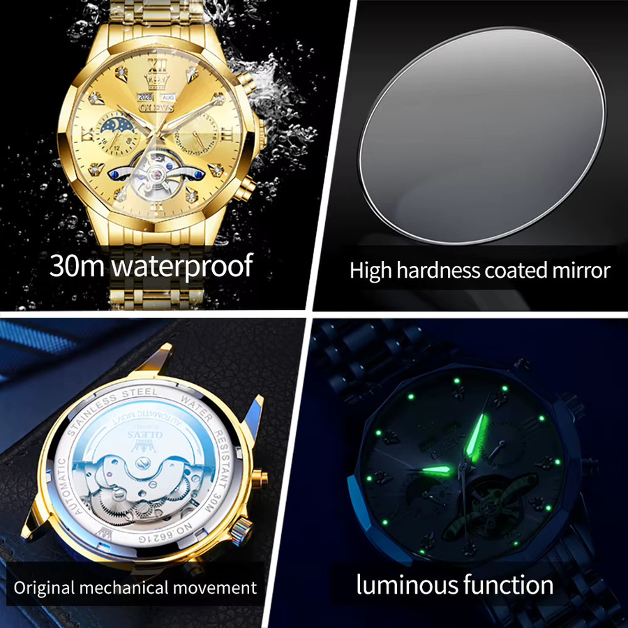 OLEVS Armbanduhr, Automatik, Edelstahl, Gold, Herren - Bild 6