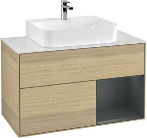 V&B Waschtischunterschrank Finion 100 in Eiche braun mit LED-Beleuchtung und integrierten Schubladen und Regalfach, Wandmontage - Bild 1