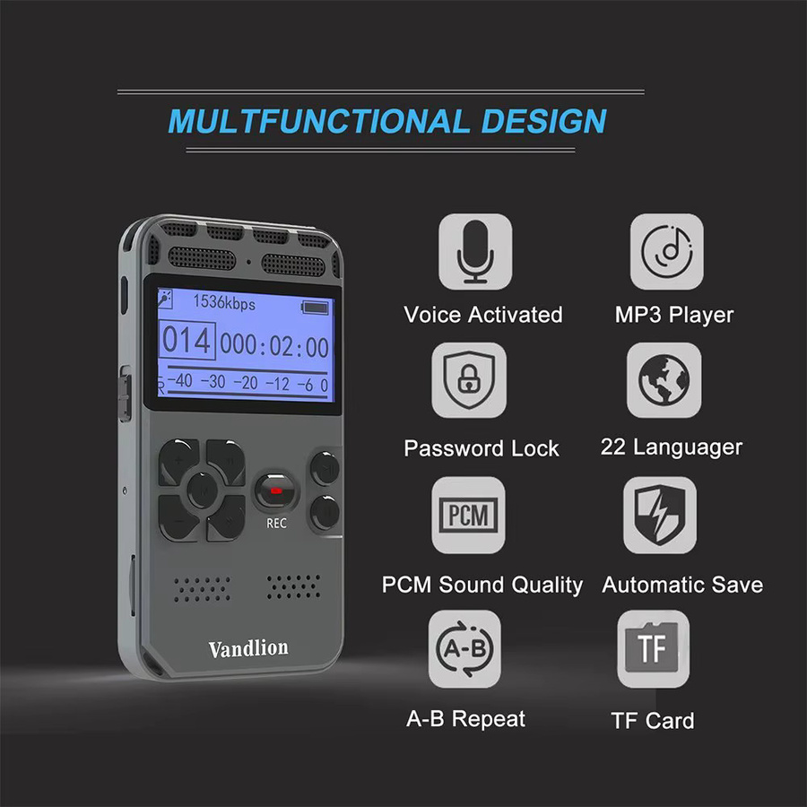 Vandlion v35 Professionelles Diktiergerät mit Sprachaktivierung, Digitaler Audio Recorder mit 16GB Speicher und MP3-Musik-Player, Schwarz - Bild 2
