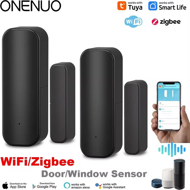 Tuya Smart Home Tür und Fenster Sensor WiFi/ZigBee Drahtloser Öffnungsdetektor in Schwarz mit App-Fernsteuerung und Alexa/Google Home Kompatibilität - Bild 1