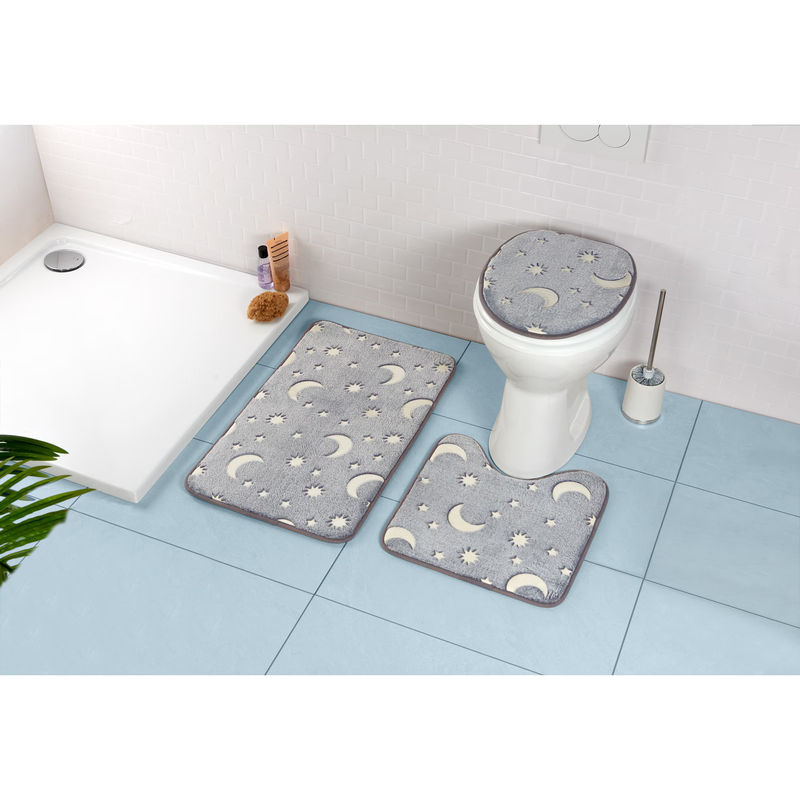 3-teiliges WC-Garnituren-Set Moderne Hausfrau Sonne, Mond und Sterne in Grau mit nachtleuchtenden Sternen und rutschfester Oberfläche - Bild 2