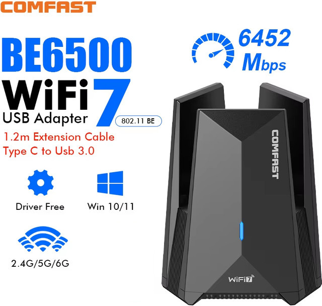 COMFAST WLAN 7 USB 3.0 Wi-Fi-Adapter mit 6500Mbps Tri-Band Unterstützung (6G/5G/2G) und 4x 5dBi Antennen in Schwarz - Bild 1