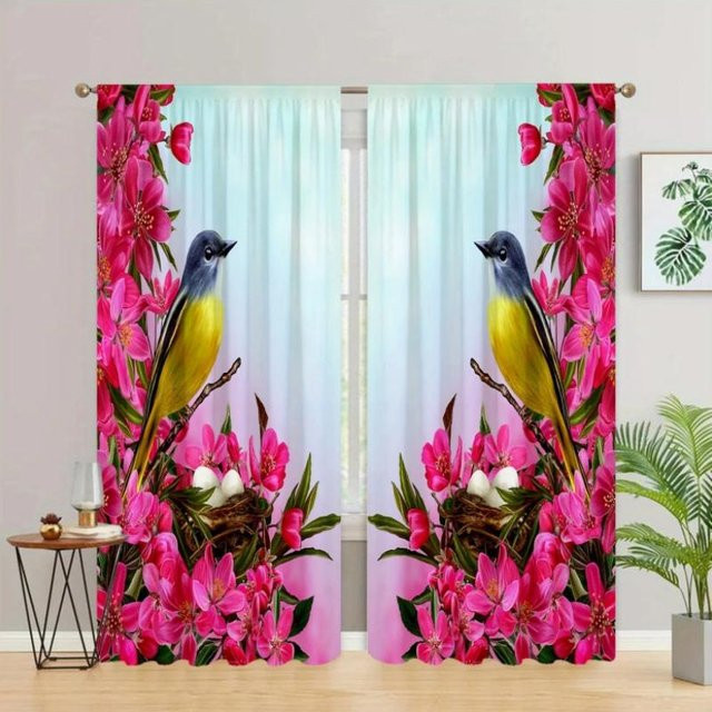 2er-Set halbtransparente Vorhänge mit Blumen- und Vogel-Print, Mehrfarbig, B: 55 cm, H: 120 cm - Bild 1