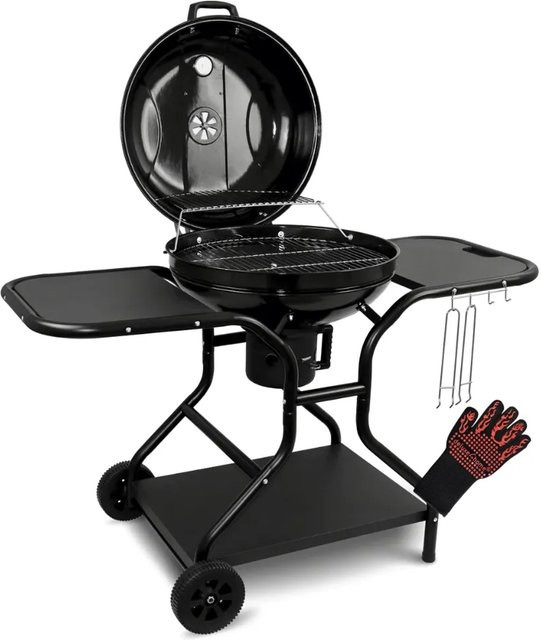 DELUKE Kugelgrill EUGEN Holzkohlegrill mit klappbarem Deckel und Grillwagen, Schwarz, Durchmesser: 55 cm - Bild 1
