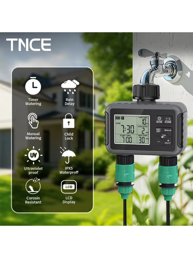 TNCE 1/2-Wege-Wassertimer für Gartenschläuche, programmierbarer Sprinkler-Timer mit Einzel- oder Doppelausgang in Schwarz - Bild 7
