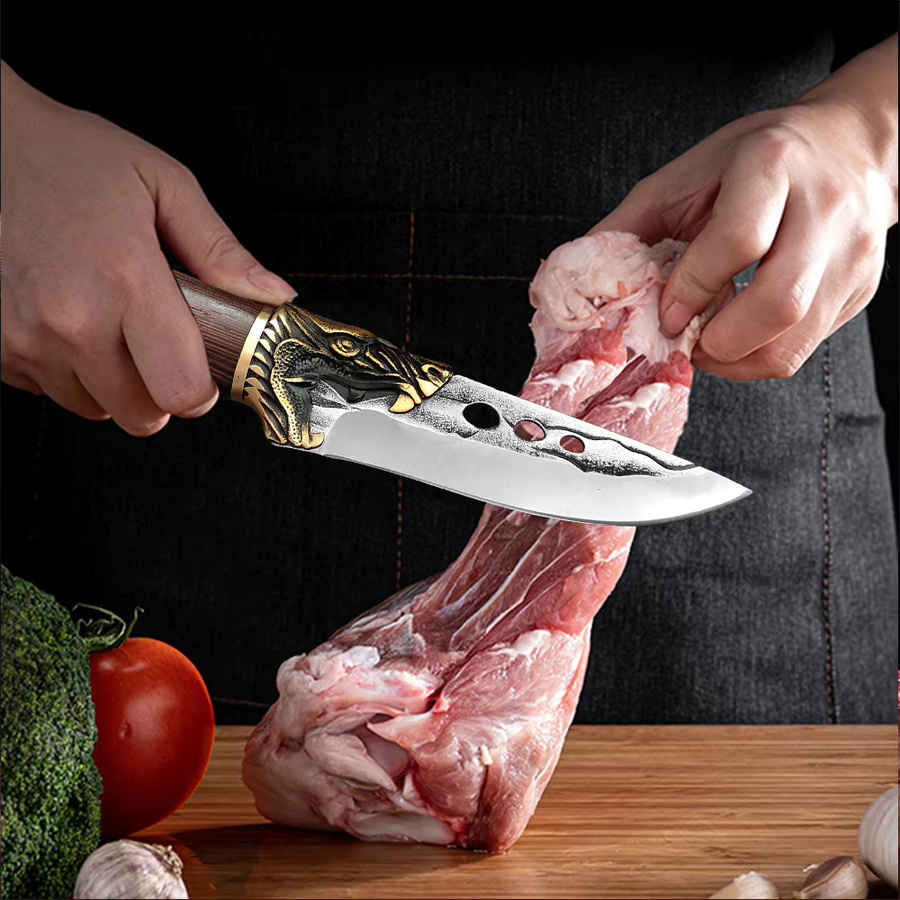 InLeung Handgeschmiedetes Metzger-Kochmesser aus Edelstahl mit Holzgriff und Schutzhülle - Bild 3