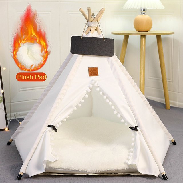 NDOBO Winter-Tipi-Zelt für Hunde und Katzen in Weiß mit doppelseitigem Plüschkissen und rutschfester Basis - Bild 1