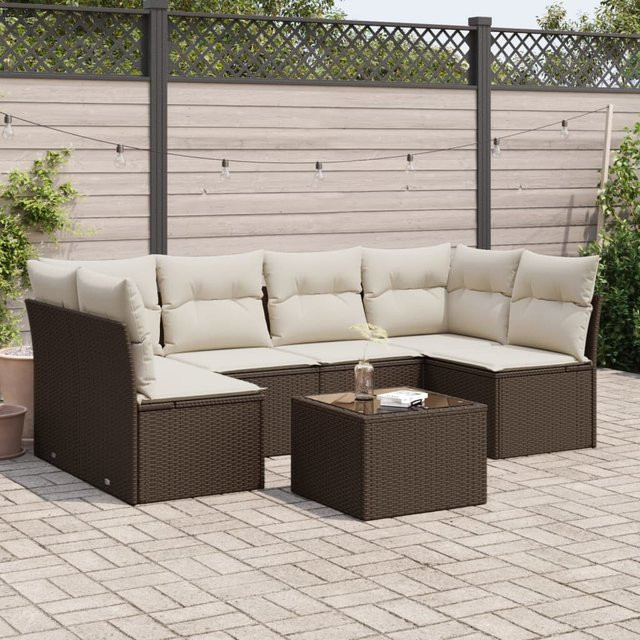 vidaXL 7-tlg. Garten-Sofagarnitur aus Polyrattan in Braun mit Kissen und L-Form - Bild 3