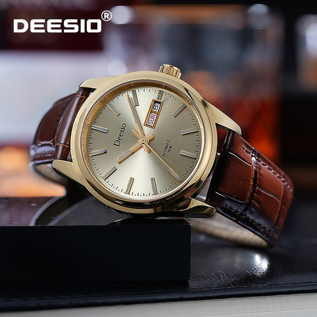 Deesio Armbanduhr Herren, Quarz, Edelstahlgehäuse, Leder, Gold, Datum - Bild 1