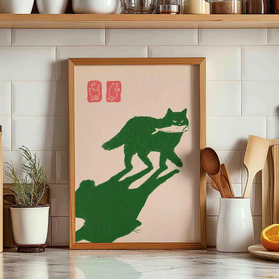 Dunkelgrünes Poster mit Katze und Fisch im japanischen Japandi-Stil als Wandkunst aus Papier - Bild 3