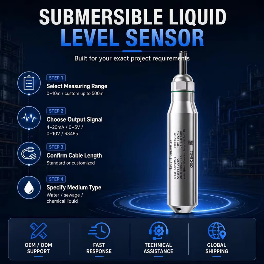 XUYANGQIDIAN Flüssigkeitsstandsensor-Transmitter in Silber mit DC24V oder DC5V Stromversorgung und wählbarem Ausgang 4-20mA, 0-10V oder 0-3.3V für Messbereiche von 0-2m bis 15m - Bild 3