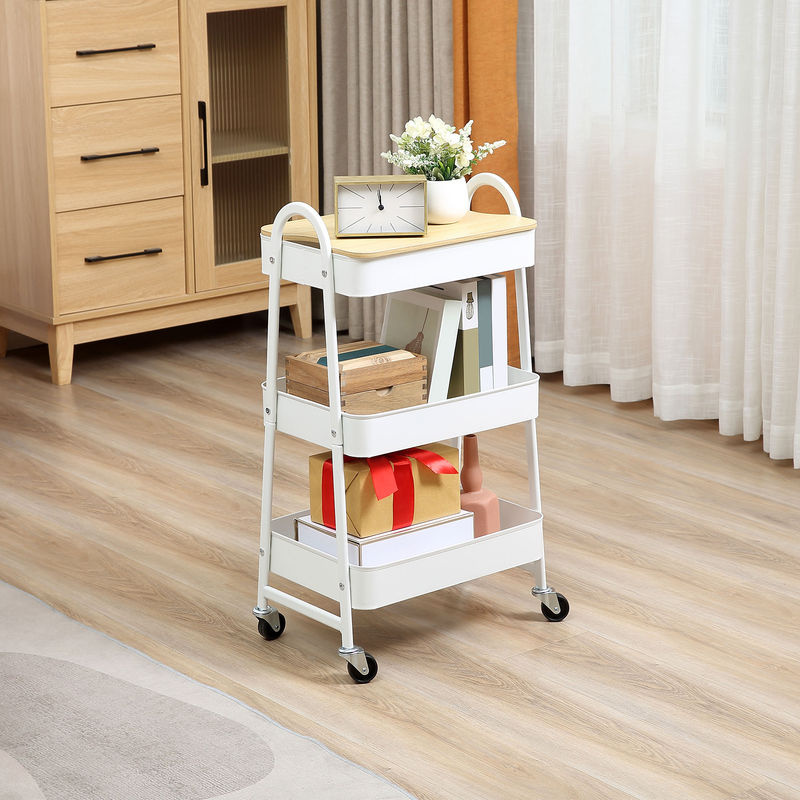 HOMCOM Küchenwagen aus Metall mit 3 Etagen und Deckel, Rollwagen für Küche und Büro, Weiß, B/T/H: 45 x 31 x 79,4 cm - Bild 2