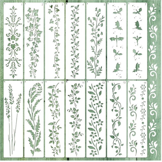 TIAMECH 14er Set DIY Schablonen mit floralem Reben-Design, weiß, Breite: 30 cm - Bild 1