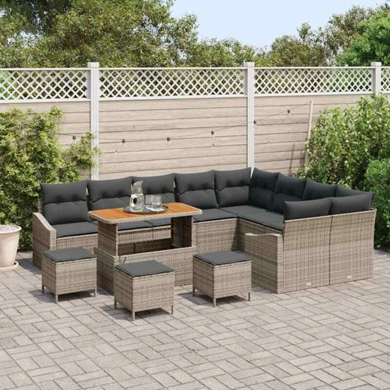 Vidaxl Polyrattan Garten-Sofa-Set mit 13-teiligen Kissen und Hocker in Grau, Modernes Loungemöbel-Set aus Polyrattan, Stahl und Massivholz, B/T/H: 110 x 55 x 71 cm - Bild 1