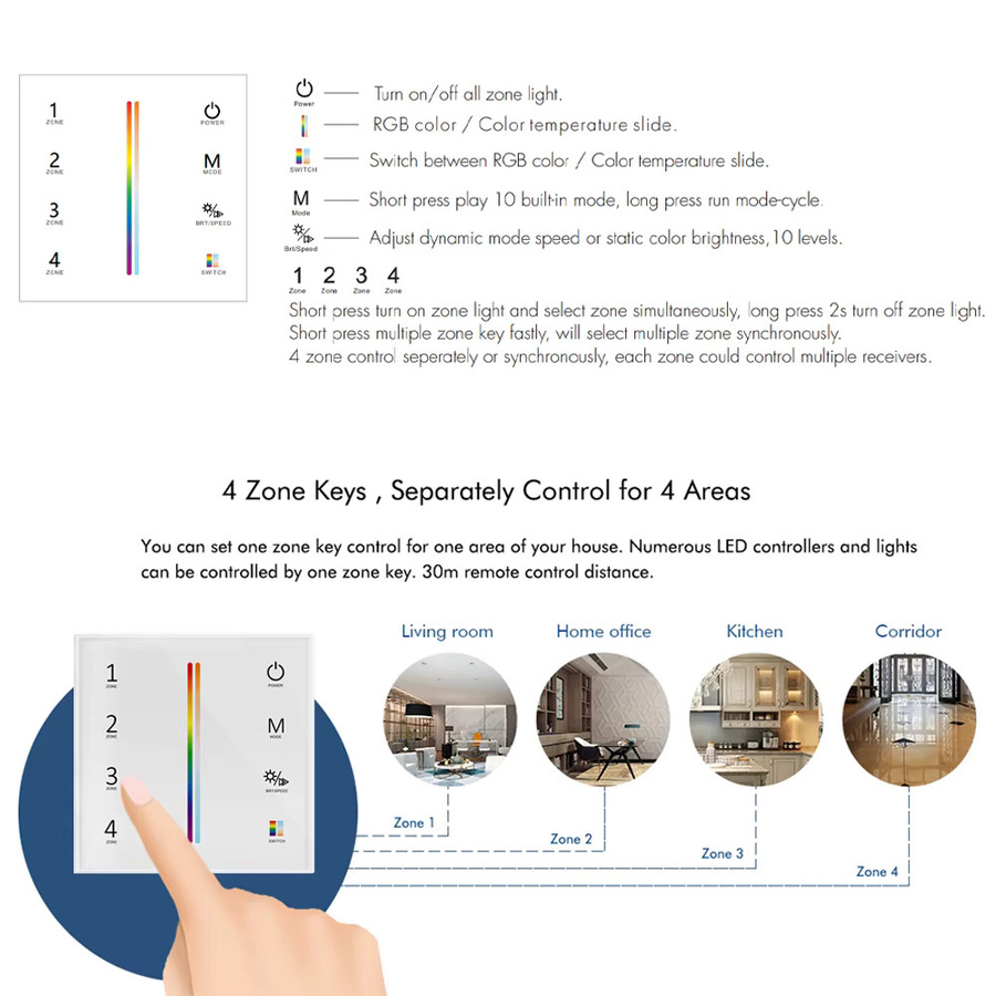 CENFAYA Smart LED-Streifen Controller Kit mit Tuya WIFI, RGBCCT Dimmer für DC12V 24V, 5 Kanäle, 4-Zonen Steuerung, Wandmontiertes Touch-Panel und RF 2.4G Fernbedienung - Bild 4