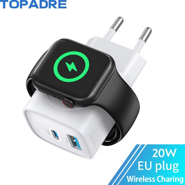 TOPADRE 3 in 1 PD USB-C Schnellladestation für Apple Watch, iPhone und iPad mit 20 W Wandladestecker in Schwarz - Bild 1