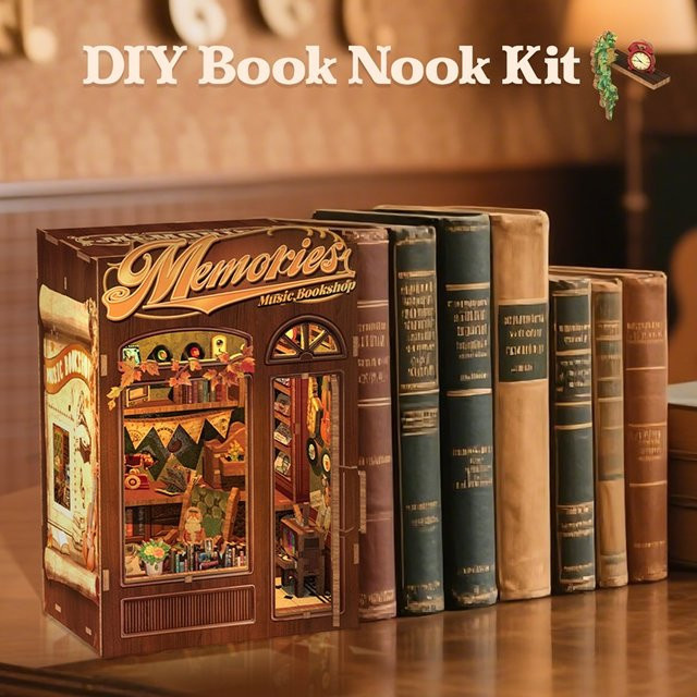 Cutebee DIY Mini-Puppenhaus aus Holz als Buchhandlung mit Möbeln und Musik in Natur/Holzfarben - Bild 1